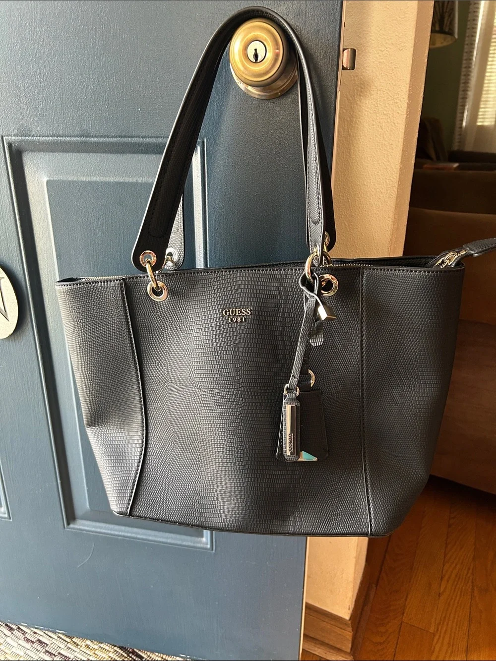 GUESS Black Textured Tote with Gold Hardware